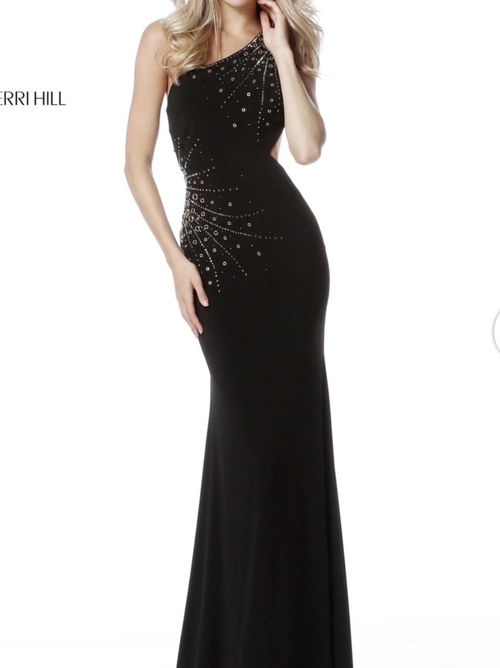 Sherri Hill Black One-Shoulder Embellished Evening Gown